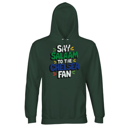 Say Salaam to the Chelsea Fan Design #2 unisex hoodie in Bottle Green, pairing deep green fabric with playful, high-contrast lettering. The bold stacked design pops against the darker base, making it ideal for fans who prefer richer tones while keeping football culture visible. Made for relaxed evenings, weekend wear, and cooler match days, this cosy cotton-poly hoodie blends comfort, modesty, and supporter pride in a style that feels grounded and wearable.