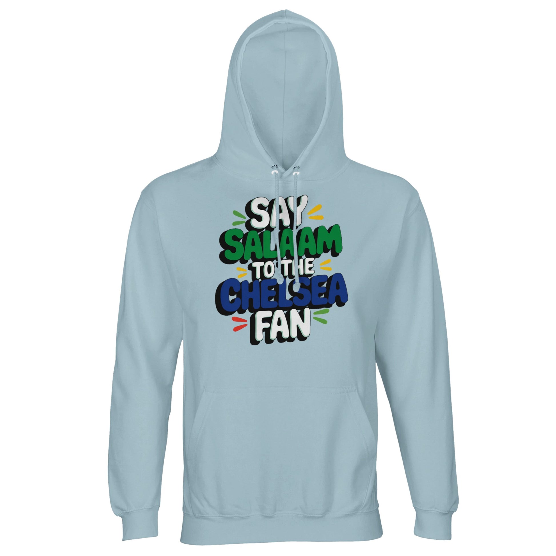 Say Salaam to the Chelsea Fan Design #2 unisex hoodie in Creamy Blue, offering a muted, smooth backdrop for the bold graphic lettering. The softer shade gives the design a relaxed feel while keeping the football message front and visible. Ideal for fans who prefer understated colour with clear club spirit, this cotton-poly hoodie suits casual outings, travel days, and watching matches in comfort. A calm, modest fair-priced layer with football culture woven in.