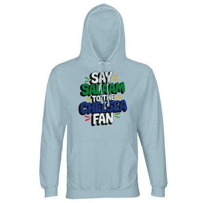 Say Salaam to the Chelsea Fan Design #2 unisex hoodie in Creamy Blue, offering a muted, smooth backdrop for the bold graphic lettering. The softer shade gives the design a relaxed feel while keeping the football message front and visible. Ideal for fans who prefer understated colour with clear club spirit, this cotton-poly hoodie suits casual outings, travel days, and watching matches in comfort. A calm, modest fair-priced layer with football culture woven in.