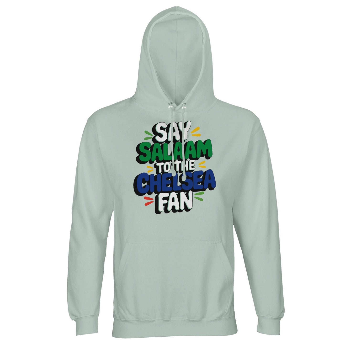 Say Salaam to the Chelsea Fan Design #2 unisex hoodie in Creamy Green, pairing a gentle green tone with vibrant stacked lettering. The contrast keeps the design lively without feeling loud, making it easy to wear across seasons. Built for everyday football fans who value comfort and modest style, this soft cotton-poly hoodie fits match days, downtime, and cooler evenings. A balanced piece that blends fair price, colour, football identity, and Salaam.
