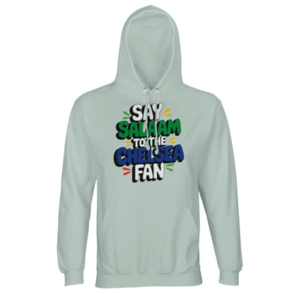 Say Salaam to the Chelsea Fan Design #2 unisex hoodie in Creamy Green, pairing a gentle green tone with vibrant stacked lettering. The contrast keeps the design lively without feeling loud, making it easy to wear across seasons. Built for everyday football fans who value comfort and modest style, this soft cotton-poly hoodie fits match days, downtime, and cooler evenings. A balanced piece that blends fair price, colour, football identity, and Salaam.