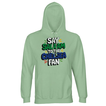 Say Salaam to the Chelsea Fan Design #2 unisex hoodie in Frozen Green, blending cool pastel tones with strong stacked lettering. The lighter green shade keeps the look fresh while allowing the football-inspired colours to stand out. Ideal for fans who like subtle colourways with clear identity, this cotton-poly hoodie suits relaxed weekends, school runs, and match nights at home. A comfortable, modern layer that carries football pride calmly.
