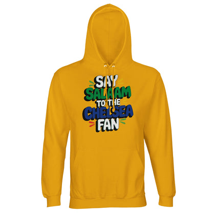 Say Salaam to the Chelsea Fan Design #2 unisex hoodie in Gold, bringing warmth and brightness to the bold stacked lettering. The lighter tone gives the graphic a playful lift while keeping the football message clear and expressive. Designed for fans who enjoy standout colour without sacrificing comfort, this soft cotton-poly hoodie suits match days, school runs, or casual weekends. A cheerful, modest layer that carries football energy with a relaxed sense of Salaam.