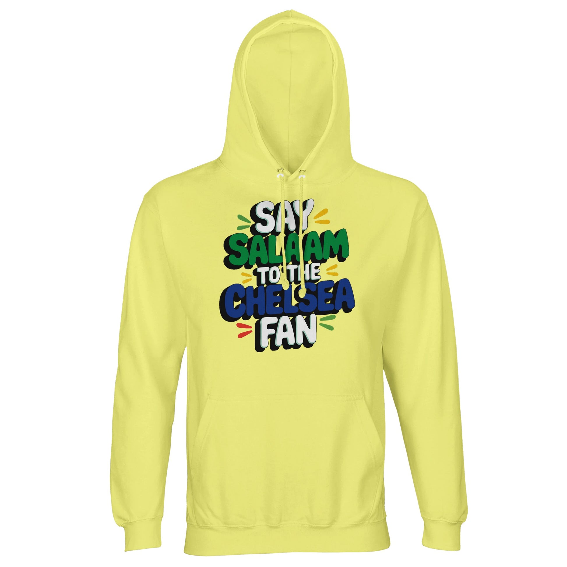 Say Salaam to the Chelsea Fan Design #2 unisex hoodie in Light Yellow, featuring bold lettering and colourful accents that contrast gently against the pale base. The result is a fresh, easy-going look that feels playful and bright. Ideal for everyday wear, travel, or watching football with friends, this cotton-poly hoodie offers warmth without heaviness. A relaxed, modest option for Chelsea supporters who like lighter tones and expressive design.