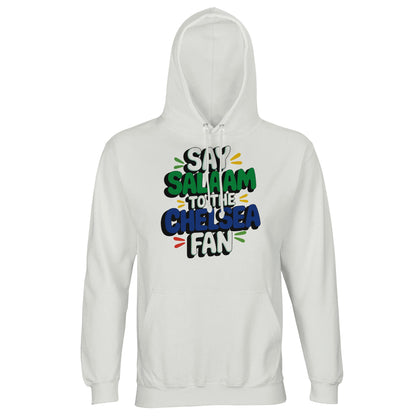 Say Salaam to the Chelsea Fan Design #2 unisex hoodie in White, featuring bold stacked lettering with playful colour accents inspired by Chelsea colours. The clean white base keeps the design crisp and easy to read, letting the lettering stand out. Made for football fans who enjoy Muslim wear, modest street style, and comfortable everyday layers, whether heading out, watching matches at home, or staying warm on cooler days. A soft cotton-poly hoodie that blends football culture, comfort, and a Salaam.