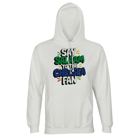 Say Salaam to the Chelsea Fan Design #2 unisex hoodie in White, featuring bold stacked lettering with playful colour accents inspired by Chelsea colours. The clean white base keeps the design crisp and easy to read, letting the lettering stand out. Made for football fans who enjoy Muslim wear, modest street style, and comfortable everyday layers, whether heading out, watching matches at home, or staying warm on cooler days. A soft cotton-poly hoodie that blends football culture, comfort, and a Salaam.