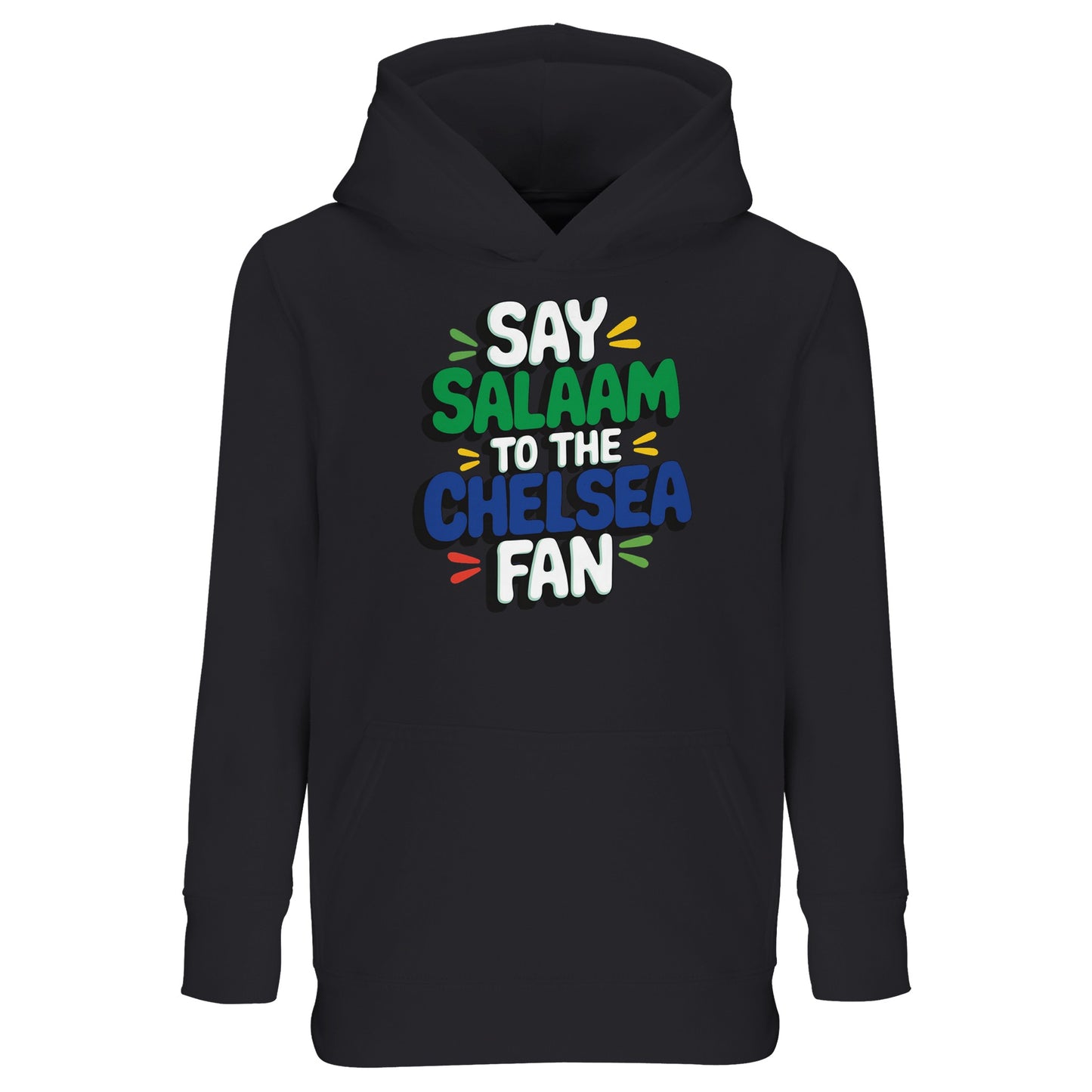 Say Salaam to the Chelsea Fan Design #2 Part-Recycled Cotton-Poly Kids Hoodie – Black / Deep Black / Zeus. Perfect for mini Blues fans, this eco-friendly hooded top blends Stamford Bridge pride with Muslim-friendly streetwear style. Made ethically from a soft mix, it’s warm enough for brisk matchday mornings yet modest enough for Friday prayers. Featuring a bold graffiti-inspired print & roomy front pocket, it’s ideal for young supporters repping Chelsea through EPL highs, UCL nights, or five-a-side glory.