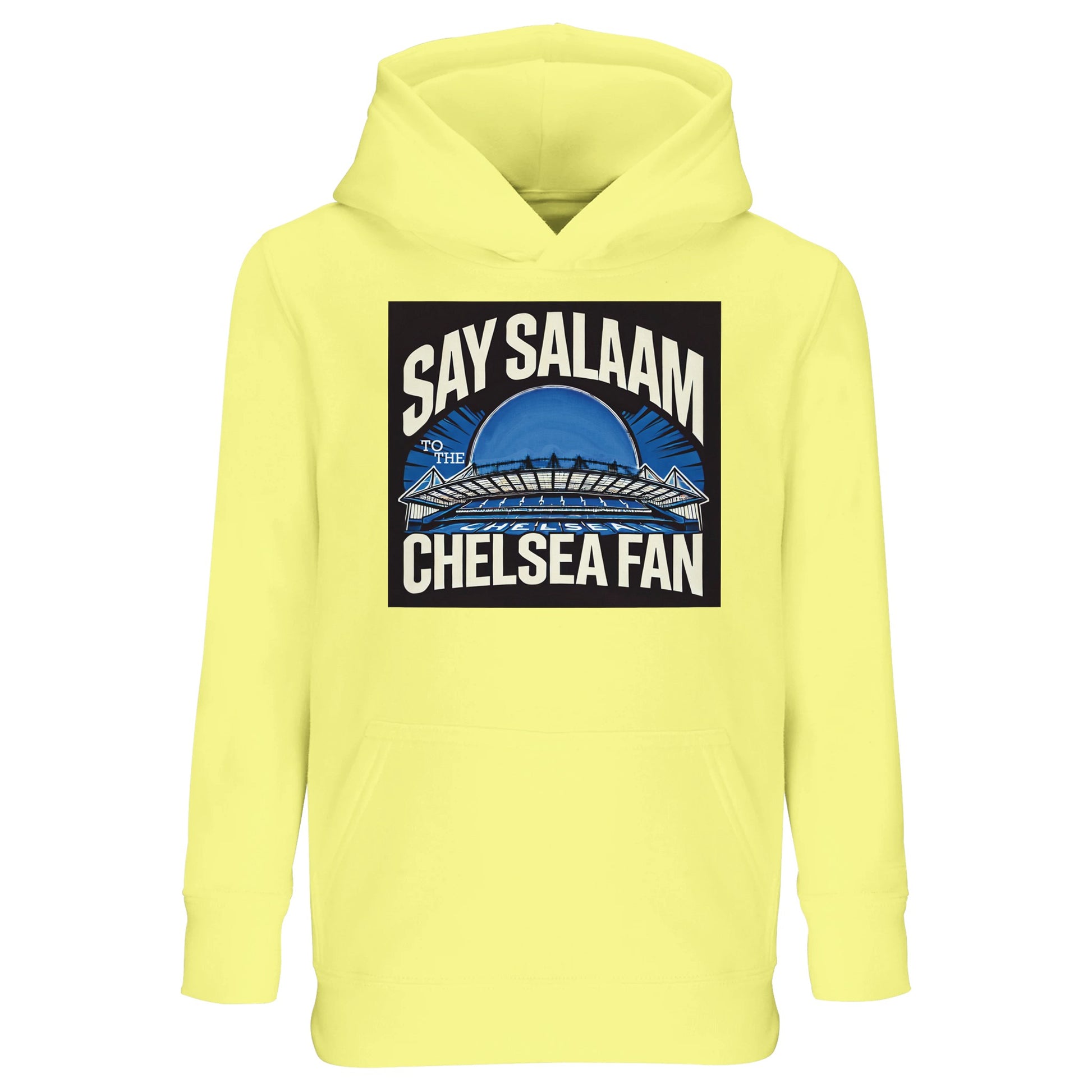 Say Salaam to the Chelsea Fan Design #2 Part-Recycled Cotton-Poly Kids Hoodie – Light Yellow / Lemon Zest / Canary Glow. A fresh, fun twist for young Chelsea supporters, crafted from a soft cotton-poly blend that’s sustainable and comfortable. The vibrant graffiti print bursts against the sunny base, perfect for brightening cooler days. Modest yet full of streetwear energy, this hoodie keeps kids match-ready from morning prayers to stadium chants, whether in the UCL, or at their own football training.