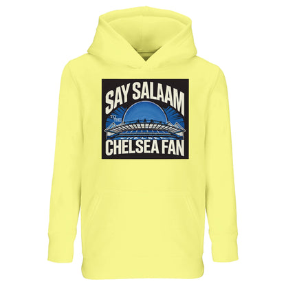 Say Salaam to the Chelsea Fan Design #2 Part-Recycled Cotton-Poly Kids Hoodie – Light Yellow / Lemon Zest / Canary Glow. A fresh, fun twist for young Chelsea supporters, crafted from a soft cotton-poly blend that’s sustainable and comfortable. The vibrant graffiti print bursts against the sunny base, perfect for brightening cooler days. Modest yet full of streetwear energy, this hoodie keeps kids match-ready from morning prayers to stadium chants, whether in the UCL, or at their own football training.