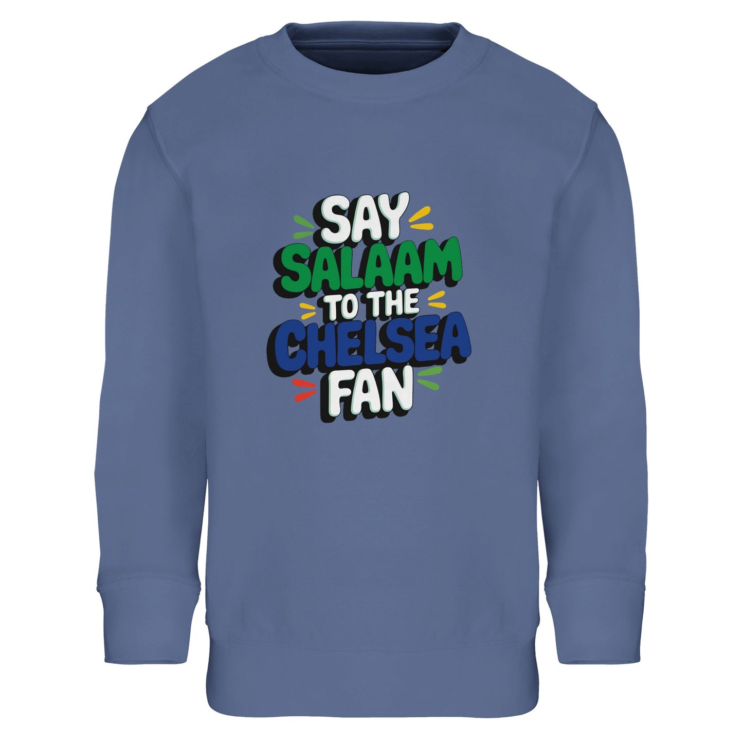 Say Salaam to the Chelsea Fan Design #2 kids sweatshirt featuring bold stacked lettering set against a classic blue base that nods naturally to club colours. This soft cotton-poly jumper is designed for young Chelsea supporters who enjoy football culture, Muslim wear, and comfortable everyday clothing. Ideal for ages four to fourteen, whether worn to school, weekend kickabouts, match days, or watching games at home. A cosy, modest football sweatshirt for showing support with confidence while saying Salaam.