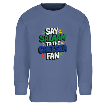 Say Salaam to the Chelsea Fan Design #2 kids sweatshirt featuring bold stacked lettering set against a classic blue base that nods naturally to club colours. This soft cotton-poly jumper is designed for young Chelsea supporters who enjoy football culture, Muslim wear, and comfortable everyday clothing. Ideal for ages four to fourteen, whether worn to school, weekend kickabouts, match days, or watching games at home. A cosy, modest football sweatshirt for showing support with confidence while saying Salaam.