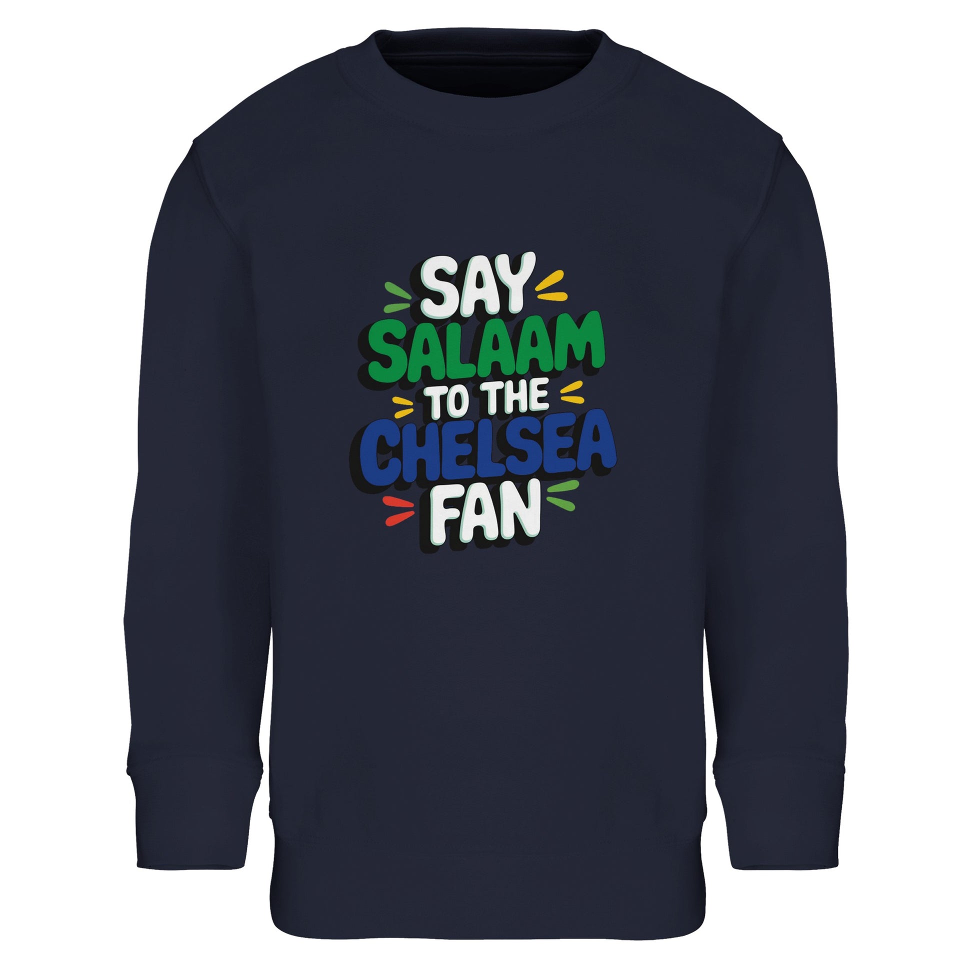 Say Salaam to the Chelsea Fan Design #2 kids sweatshirt featuring bold stacked lettering contrasted against a deep French navy tone for a calmer, classic look. Made from a soft cotton-poly blend, this jumper suits young Chelsea fans who appreciate football culture, Muslim wear, and understated everyday style. Designed for ages four to fourteen, it works for school days, match days, family outings, or watching football at home. A warm, modest sweatshirt that reflects pride and tradition while saying Salaam.
