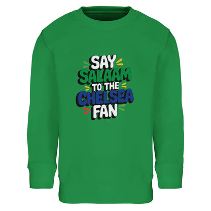 Say Salaam to the Chelsea Fan Design #2 kids sweatshirt featuring bold stacked lettering set against a lively green tone that adds energy to club-inspired colours. Made from a soft cotton-poly blend, this jumper is ideal for young Chelsea fans who enjoy football culture, Muslim wear, and comfortable daily clothing. Suitable for ages four to fourteen, it’s easy to wear to school, weekend kickabouts, match days, or relaxed viewing at home. A cosy, modest sweatshirt for showing support with confidence.