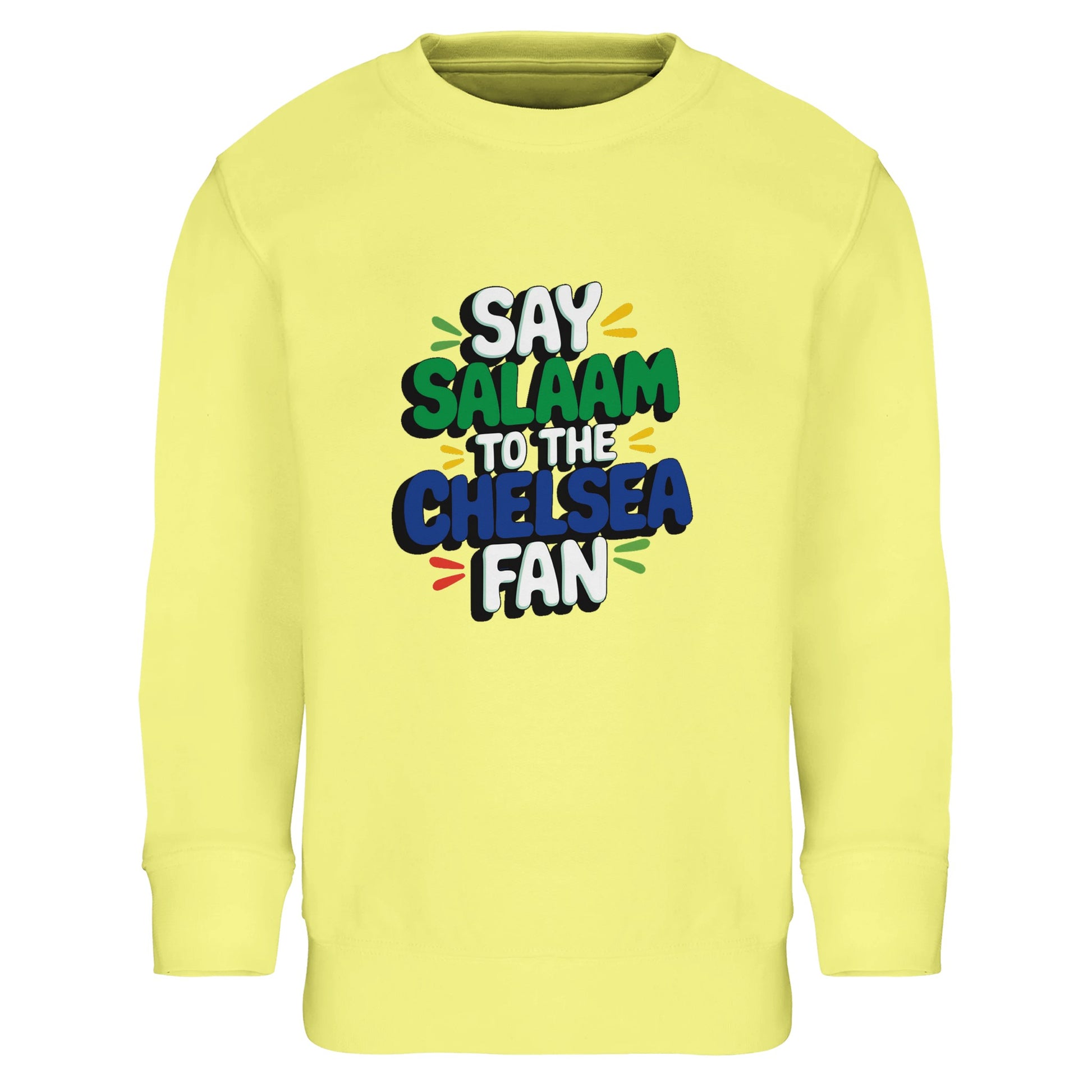 Say Salaam to the Chelsea Fan Design #2 kids sweatshirt featuring bold stacked lettering lifted by a bright, light yellow base. This soft cotton-poly jumper is made for young Chelsea supporters who enjoy football culture, Muslim wear, and cheerful everyday clothing. Ideal for ages four to fourteen, it works well for school, weekend plans, match days, or watching games at home. A warm, well-priced, modest football sweatshirt that adds colour and personality while saying Salaam.