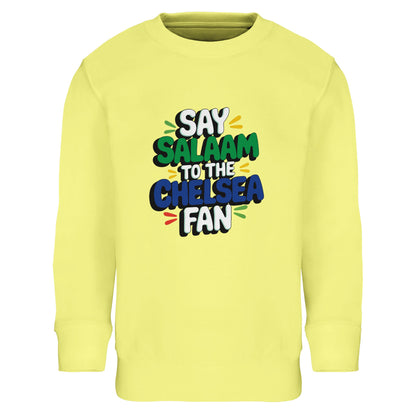 Say Salaam to the Chelsea Fan Design #2 kids sweatshirt featuring bold stacked lettering lifted by a bright, light yellow base. This soft cotton-poly jumper is made for young Chelsea supporters who enjoy football culture, Muslim wear, and cheerful everyday clothing. Ideal for ages four to fourteen, it works well for school, weekend plans, match days, or watching games at home. A warm, well-priced, modest football sweatshirt that adds colour and personality while saying Salaam.
