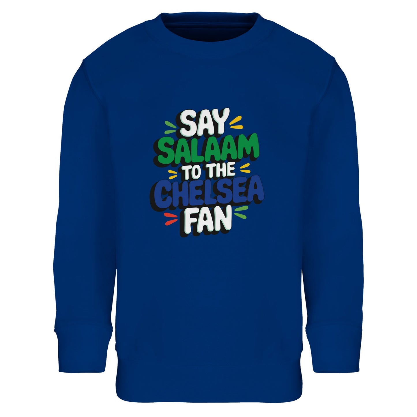 Say Salaam to the Chelsea Fan Design #2 kids sweatshirt featuring bold stacked lettering in colours that feel right at home on a rich royal blue base. This cotton-poly jumper is designed for young Chelsea supporters who live football culture, Muslim wear, and easy everyday comfort. Ideal for ages four to fourteen, it works for school, match days, after-school play, or watching games with family. A warm, modest football sweatshirt that reflects club pride while saying Salaam.