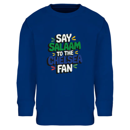 Say Salaam to the Chelsea Fan Design #2 kids sweatshirt featuring bold stacked lettering in colours that feel right at home on a rich royal blue base. This cotton-poly jumper is designed for young Chelsea supporters who live football culture, Muslim wear, and easy everyday comfort. Ideal for ages four to fourteen, it works for school, match days, after-school play, or watching games with family. A warm, modest football sweatshirt that reflects club pride while saying Salaam.