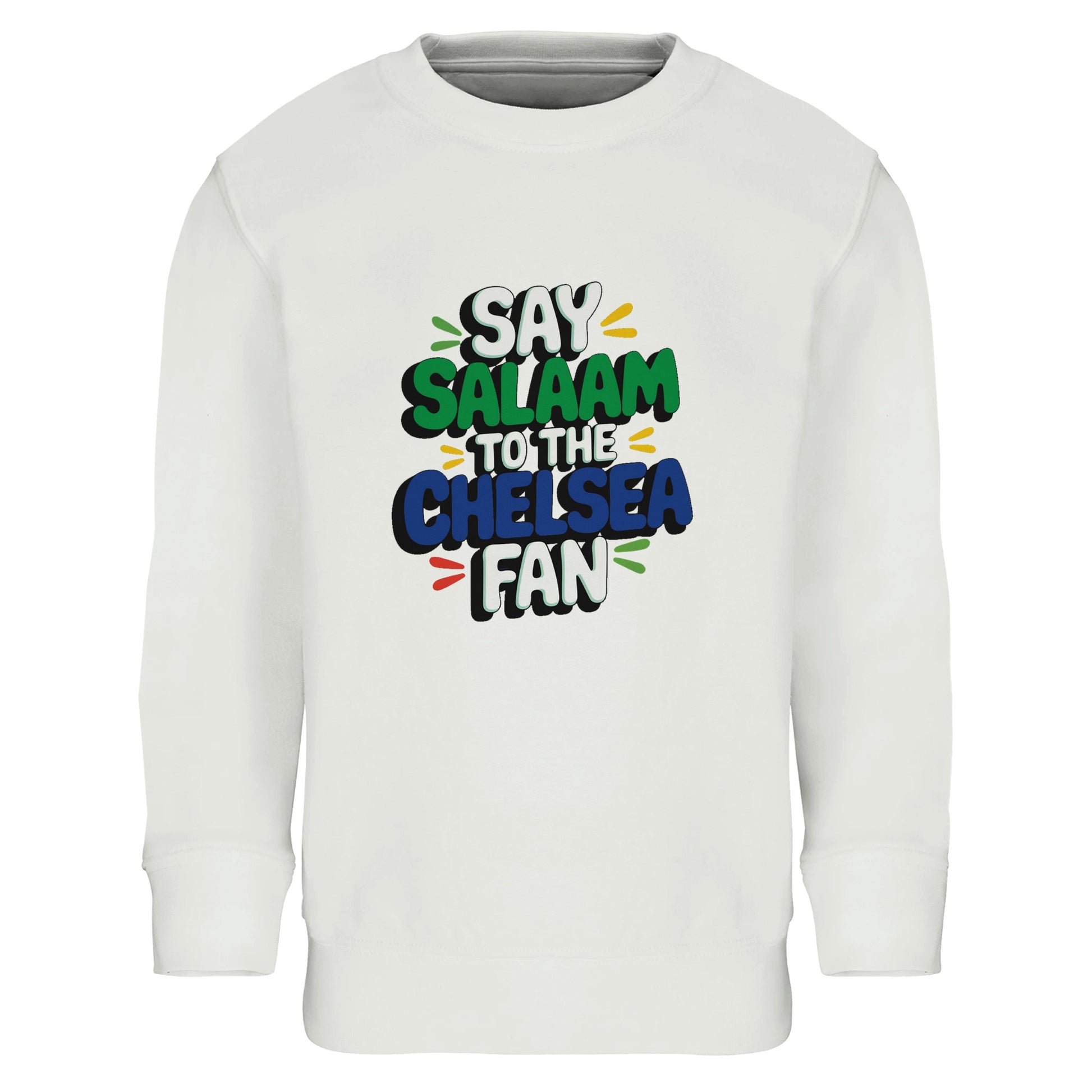 Say Salaam to the Chelsea Fan Design #2 kids sweatshirt featuring bold stacked lettering with playful colour accents inspired by club colours. This soft cotton-poly jumper is designed for young Chelsea supporters who love football culture, Muslim wear, and comfortable everyday clothing. Ideal for ages four to fourteen, whether worn to school, weekend kickabouts, match days, or watching games at home. A cosy, modest football sweatshirt to support the Blues with pride and style, while saying Salaam.