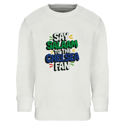 Say Salaam to the Chelsea Fan Design #2 kids sweatshirt featuring bold stacked lettering with playful colour accents inspired by club colours. This soft cotton-poly jumper is designed for young Chelsea supporters who love football culture, Muslim wear, and comfortable everyday clothing. Ideal for ages four to fourteen, whether worn to school, weekend kickabouts, match days, or watching games at home. A cosy, modest football sweatshirt to support the Blues with pride and style, while saying Salaam.
