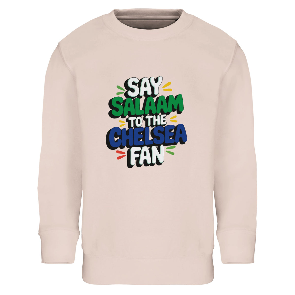 Say Salaam to the Chelsea Fan Design #2 Part-Recycled Cotton-Poly Kids Sweatshirt – 10Y. A 10Y sweatshirt with a Say Salaam graphic for Chelsea fans. A casual clothing option for everyday outfits, fan-themed gifts and relaxed occasions.