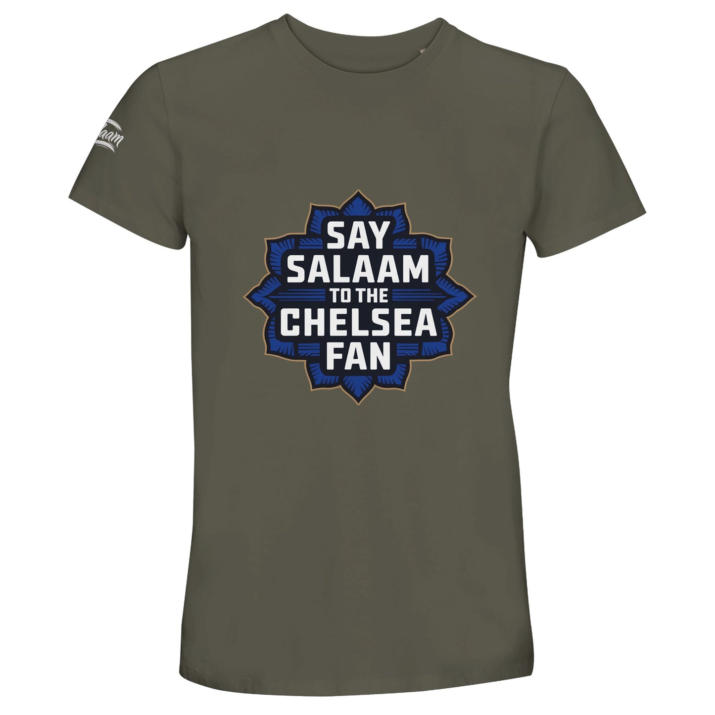 Say Salaam to the Chelsea Fan Design #4 50% Recycled Unisex Cotton T-Shirt – Army / Fuscous Grey with a bold navy and gold Islamic-style crest for Chelsea supporters who blend faith and football with pride. Designed for modest Muslim wardrobes and conscious consumers, this soft, planet-kind tee skips badges and logos in favour of heart, heritage and halal values. An accessible, eco-friendly, well-priced matchday top made for every Stamford Bridge believer who knows who the world and European champions are.