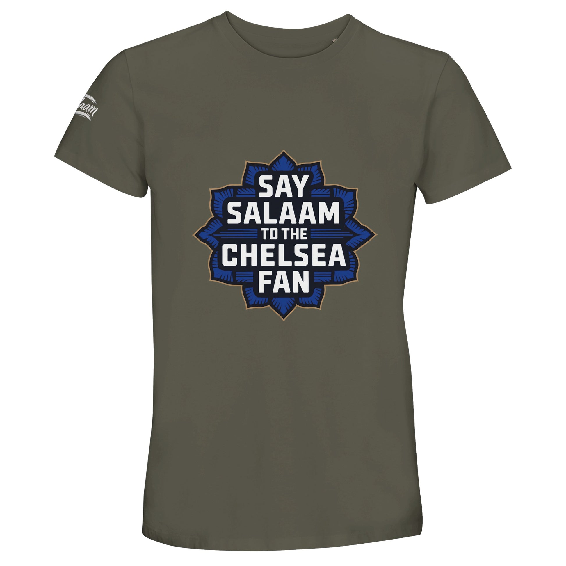 Say Salaam to the Chelsea Fan Design #4 50% Recycled Unisex Cotton T-Shirt – Army / Fuscous Grey with a bold navy and gold Islamic-style crest for Chelsea supporters who blend faith and football with pride. Designed for modest Muslim wardrobes and conscious consumers, this soft, planet-kind tee skips badges and logos in favour of heart, heritage and halal values. An accessible, eco-friendly, well-priced matchday top made for every Stamford Bridge believer who knows who the world and European champions are.