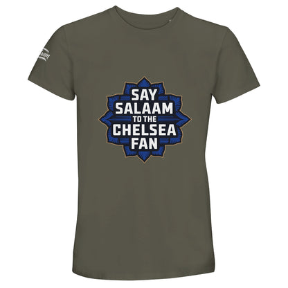 Say Salaam to the Chelsea Fan Design #4 50% Recycled Unisex Cotton T-Shirt – Army / Fuscous Grey with a bold navy and gold Islamic-style crest for Chelsea supporters who blend faith and football with pride. Designed for modest Muslim wardrobes and conscious consumers, this soft, planet-kind tee skips badges and logos in favour of heart, heritage and halal values. An accessible, eco-friendly, well-priced matchday top made for every Stamford Bridge believer who knows who the world and European champions are.