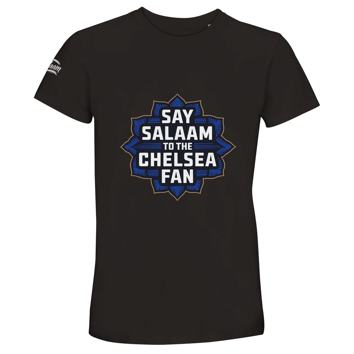 Say Salaam to the Chelsea Fan Design #4 50% Recycled Unisex Cotton T-Shirt – Deep Black / Zeus featuring bold gold text over a deep blue badge in Islamic-inspired style, perfect for Blues fans into faith-driven fashion. Halal, modest and eco-conscious, this shirt suits those who rep Chelsea history from 1905 to now. Not official club shop gear – just affordable, sustainable streetwear built for proud supporters and Muslim football lovers alike, from Stamford Bridge to Wembley, the blue flag is high.