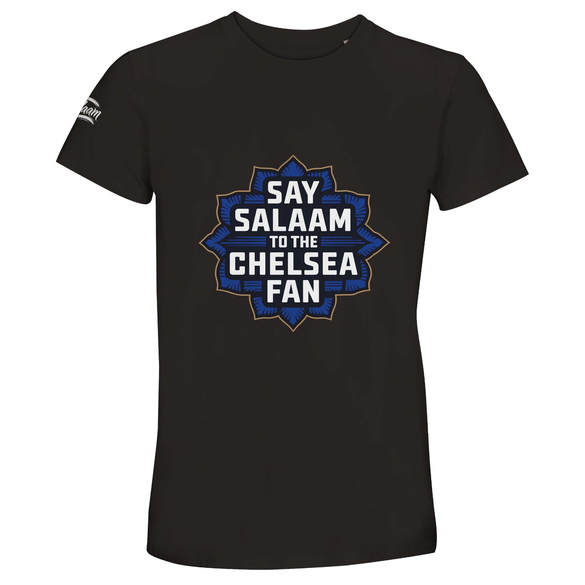 Say Salaam to the Chelsea Fan Design #4 50% Recycled Unisex Cotton T-Shirt – Deep Black / Zeus featuring bold gold text over a deep blue badge in Islamic-inspired style, perfect for Blues fans into faith-driven fashion. Halal, modest and eco-conscious, this shirt suits those who rep Chelsea history from 1905 to now. Not official club shop gear – just affordable, sustainable streetwear built for proud supporters and Muslim football lovers alike, from Stamford Bridge to Wembley, the blue flag is high.