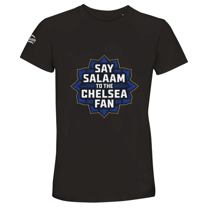 Say Salaam to the Chelsea Fan Design #4 50% Recycled Unisex Cotton T-Shirt – Deep Black / Zeus featuring bold gold text over a deep blue badge in Islamic-inspired style, perfect for Blues fans into faith-driven fashion. Halal, modest and eco-conscious, this shirt suits those who rep Chelsea history from 1905 to now. Not official club shop gear – just affordable, sustainable streetwear built for proud supporters and Muslim football lovers alike, from Stamford Bridge to Wembley, the blue flag is high.