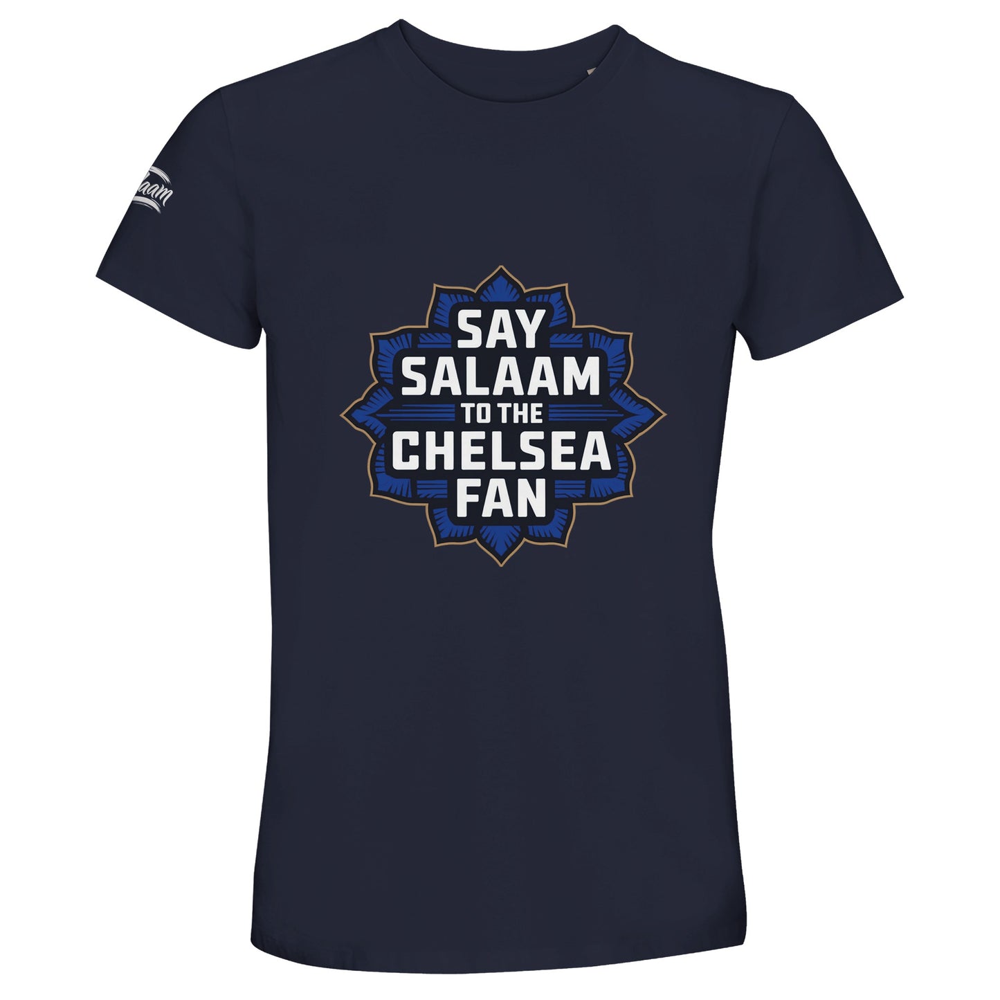 Say Salaam to the Chelsea Fan Design #4 50% Recycled Unisex Cotton T-Shirt – French Navy / Ebony Clay with a striking gold and navy Islamic-style crest for proud Chelsea fans who move between sujood and Stamford Bridge. Modest football top meant for Muslim supporters who choose sponsor-free, sustainable gear. Ethically made, soft on skin and light on planet, this well-priced cotton tee champions the twice Champions League winning Blues in quiet, badge-free style far from the Megastore’s commercial glare.