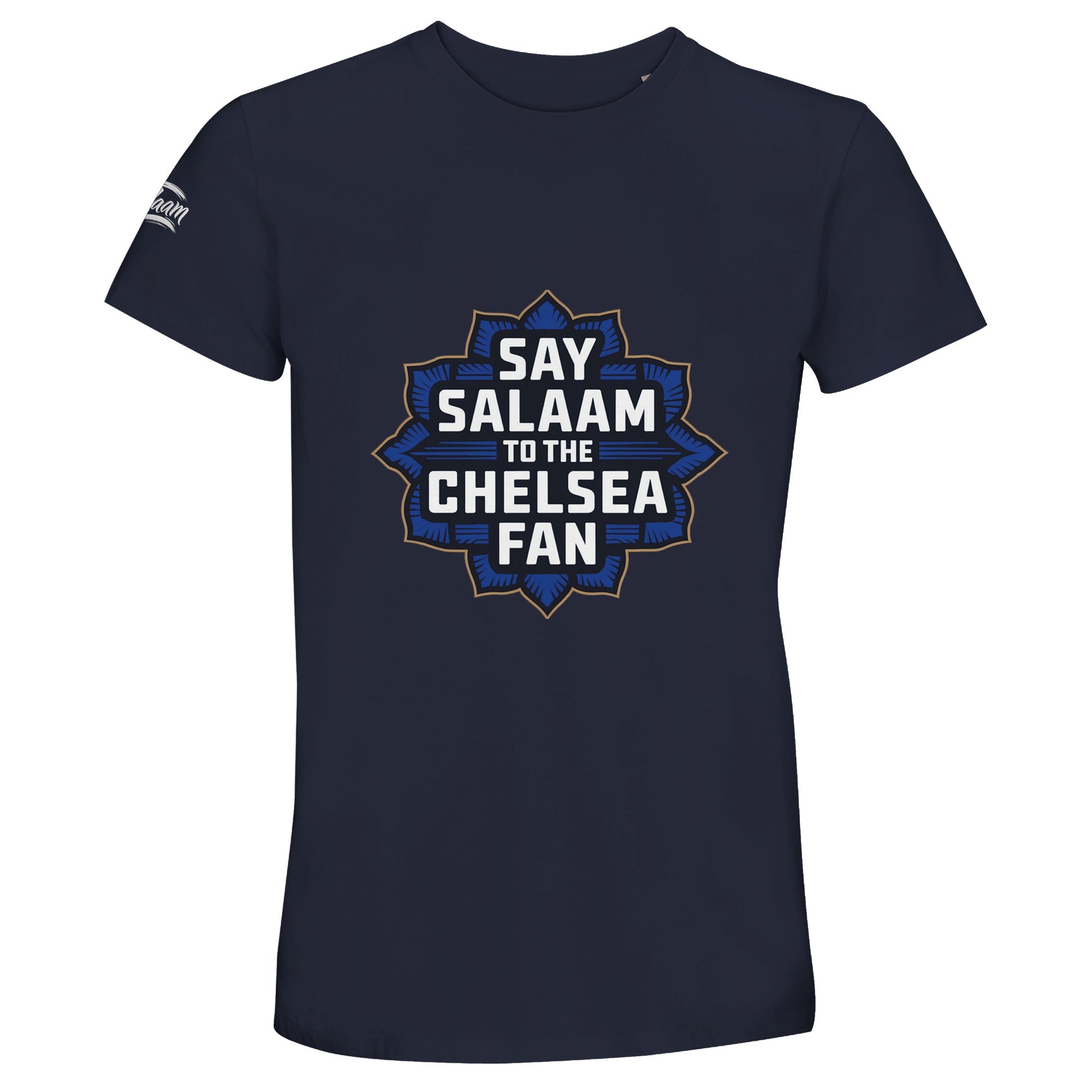 Say Salaam to the Chelsea Fan Design #4 50% Recycled Unisex Cotton T-Shirt – French Navy / Ebony Clay with a striking gold and navy Islamic-style crest for proud Chelsea fans who move between sujood and Stamford Bridge. Modest football top meant for Muslim supporters who choose sponsor-free, sustainable gear. Ethically made, soft on skin and light on planet, this well-priced cotton tee champions the twice Champions League winning Blues in quiet, badge-free style far from the Megastore’s commercial glare.