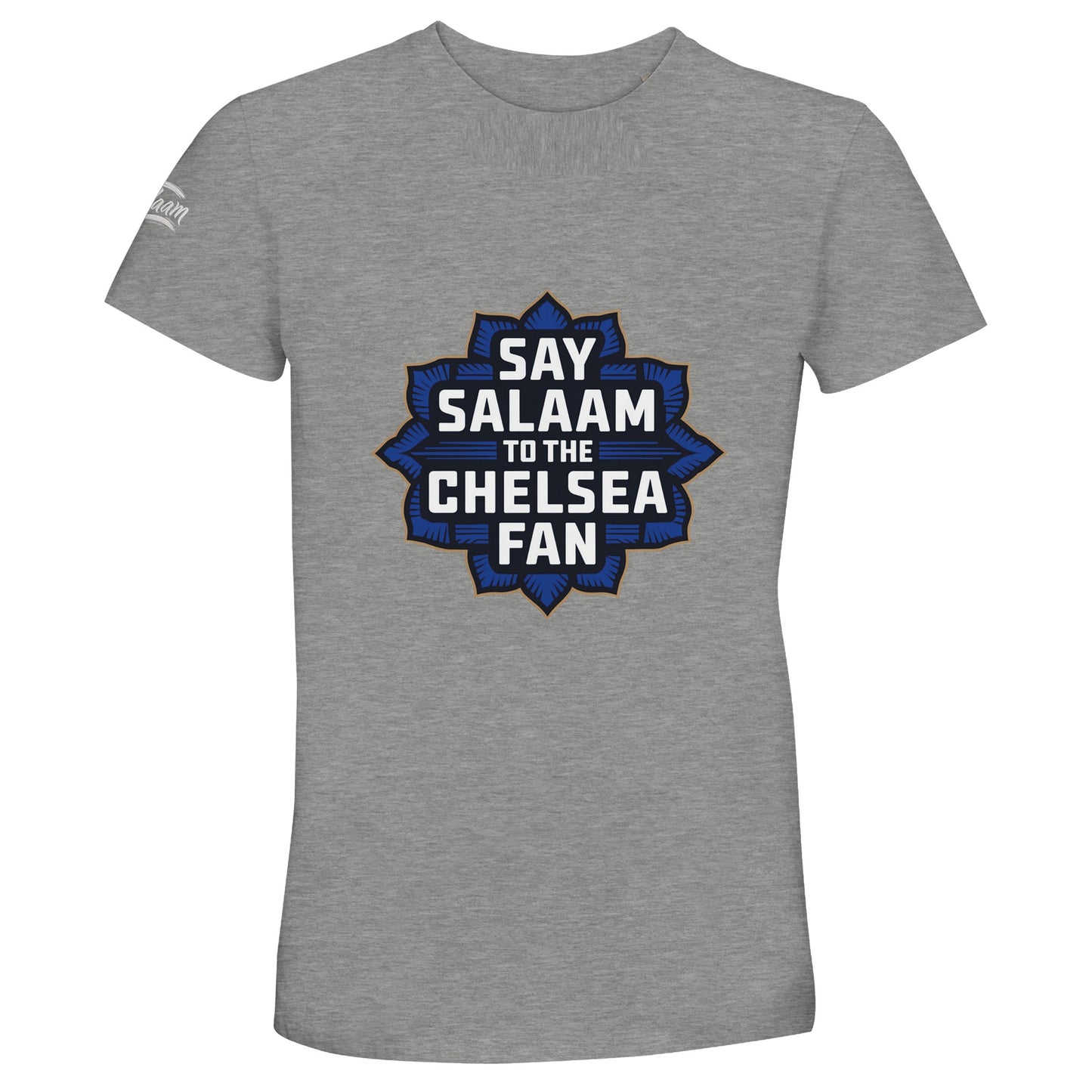 Say Salaam to the Chelsea Fan Design #4 50% Recycled Unisex Cotton T-Shirt – Grey Melange / Heather Grey / Marl Grey / Classic Athletic Grey Blend with bold gold supporter text in a navy Islamic-style crest. For Muslim Chelsea fans who follow the Blues through every season, pray between halves, and choose modest, ethical fashion. Soft, planet-positive cotton, badge-free design and affordable pricing make this tee a conscious choice beyond stadium shops.