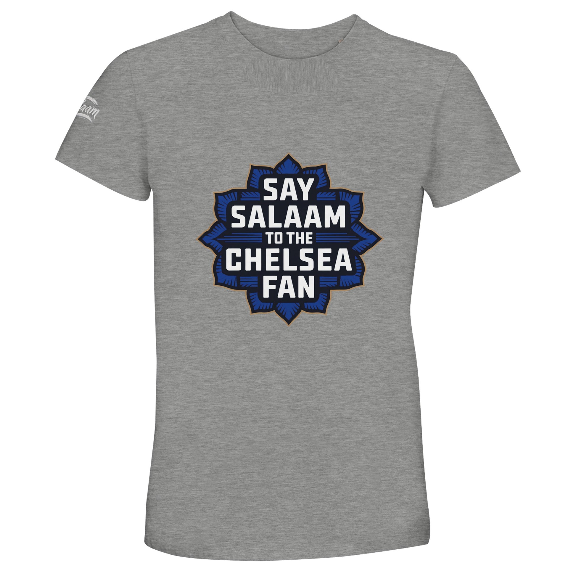 Say Salaam to the Chelsea Fan Design #4 50% Recycled Unisex Cotton T-Shirt – Grey Melange / Heather Grey / Marl Grey / Classic Athletic Grey Blend with bold gold supporter text in a navy Islamic-style crest. For Muslim Chelsea fans who follow the Blues through every season, pray between halves, and choose modest, ethical fashion. Soft, planet-positive cotton, badge-free design and affordable pricing make this tee a conscious choice beyond stadium shops.