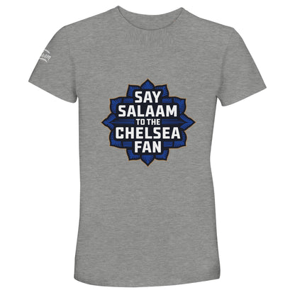 Say Salaam to the Chelsea Fan Design #4 50% Recycled Unisex Cotton T-Shirt – Grey Melange / Heather Grey / Marl Grey / Classic Athletic Grey Blend with bold gold supporter text in a navy Islamic-style crest. For Muslim Chelsea fans who follow the Blues through every season, pray between halves, and choose modest, ethical fashion. Soft, planet-positive cotton, badge-free design and affordable pricing make this tee a conscious choice beyond stadium shops.