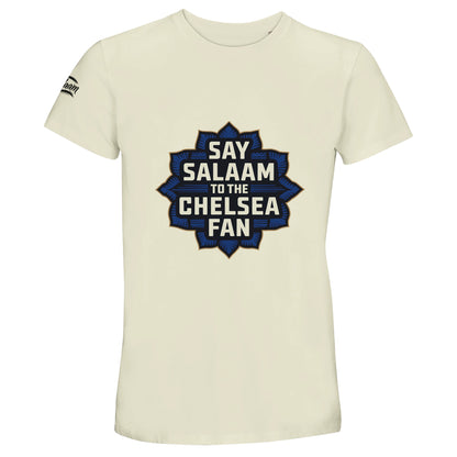 Say Salaam to the Chelsea Fan Design #4 50% Recycled Unisex Cotton T-Shirt – Natural / Moon Mist / Satin Linen with classic gold lettering inside a solid navy square. This breathable, badge-free tee is for Muslim Chelsea supporters who pray, chant, stay loyal to Stamford Bridge, and prefer faith-friendly, eco-minded and affordable gear. Crafted from half recycled cotton, it’s streetwear that skips official logos in favour of sponsor-free style – modest, matchday-ready and made for footie lovers with values.