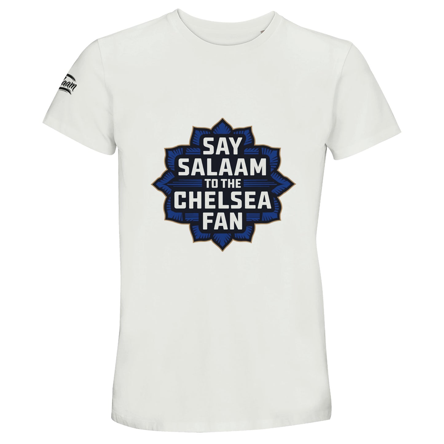 Say Salaam to the Chelsea Fan Design #4 50% Recycled Unisex Cotton T-Shirt – White / Platinum featuring a gold Chelsea supporter graphic in an Islamic star-shape design over navy text. Halal football tee for Blues fans streaming Premier League fixtures, visiting the Chelsea club store, and catching up on matchday action. Modest, sustainable Chelsea streetwear for Muslim supporters – great priced, retro, badge-free, faith-aware, and made with recycled cotton, not official merch from the Megastore.