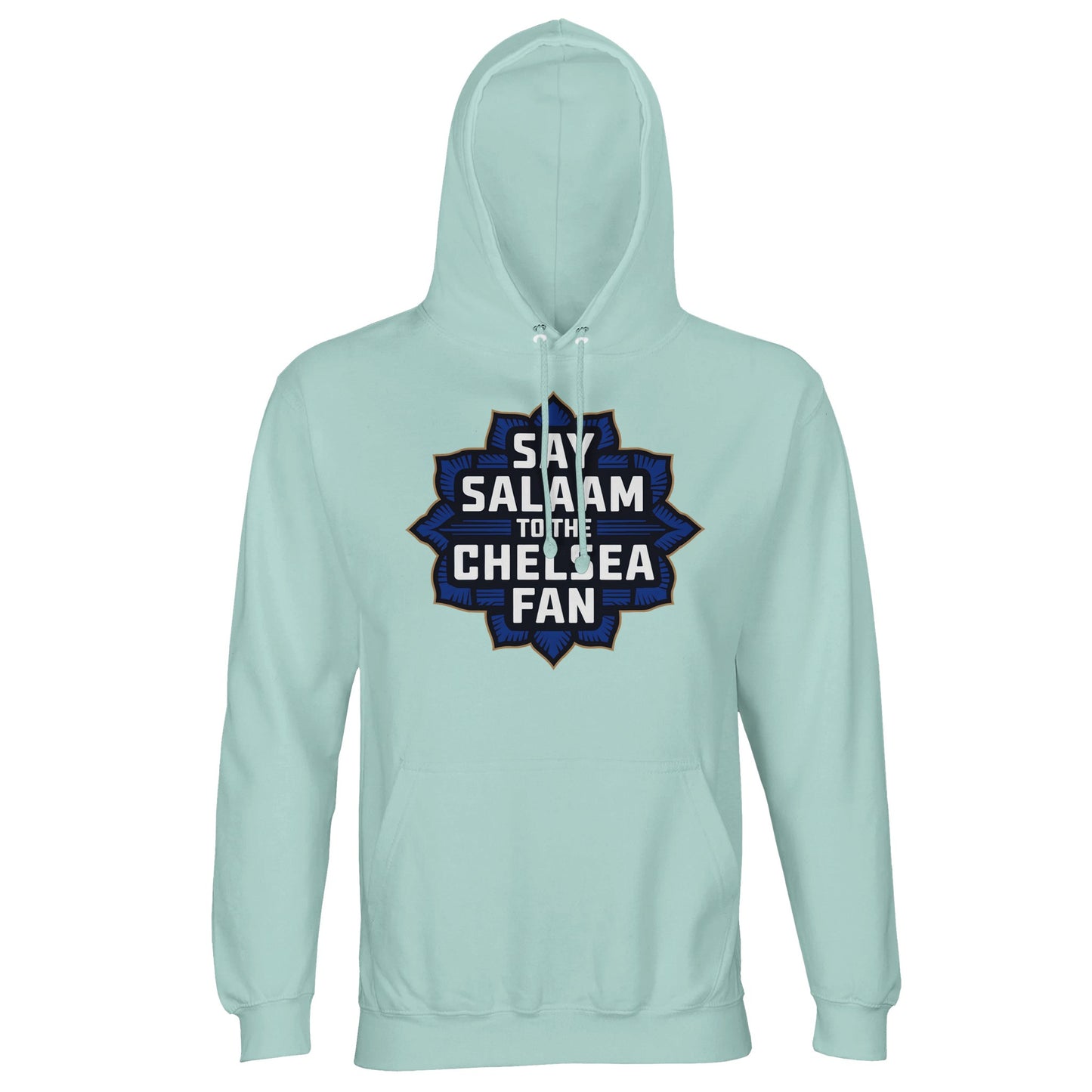 Say Salaam to the Chelsea Fan Design #4 Part-Recycled Cotton-Poly Unisex Hoodie (light) – Arctic Blue / Cadet Blue with golden navy badge graphic in stacked lettering. A halal hoodie for Chelsea supporters repping their team with faith, fashion, and flair. Whether you're scouting transfers or engaged in Salah, this modest recycled-cotton sweatshirt says peace, not sponsors. Stamford Bridge vibes, no crest – just love for the Blues in every ethically made pullover thread.