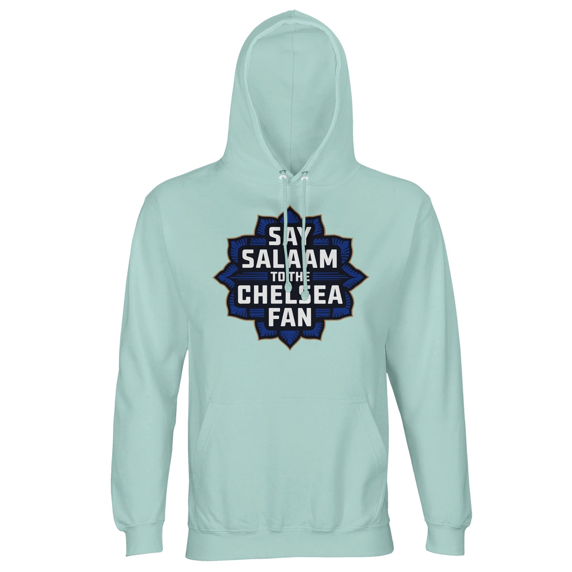 Say Salaam to the Chelsea Fan Design #4 Part-Recycled Cotton-Poly Unisex Hoodie (light) – Arctic Blue / Cadet Blue with golden navy badge graphic in stacked lettering. A halal hoodie for Chelsea supporters repping their team with faith, fashion, and flair. Whether you're scouting transfers or engaged in Salah, this modest recycled-cotton sweatshirt says peace, not sponsors. Stamford Bridge vibes, no crest – just love for the Blues in every ethically made pullover thread.