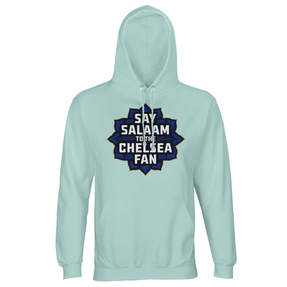 Say Salaam to the Chelsea Fan Design #4 Part-Recycled Cotton-Poly Unisex Hoodie (light) – Arctic Blue / Cadet Blue with golden navy badge graphic in stacked lettering. A halal hoodie for Chelsea supporters repping their team with faith, fashion, and flair. Whether you're scouting transfers or engaged in Salah, this modest recycled-cotton sweatshirt says peace, not sponsors. Stamford Bridge vibes, no crest – just love for the Blues in every ethically made pullover thread.