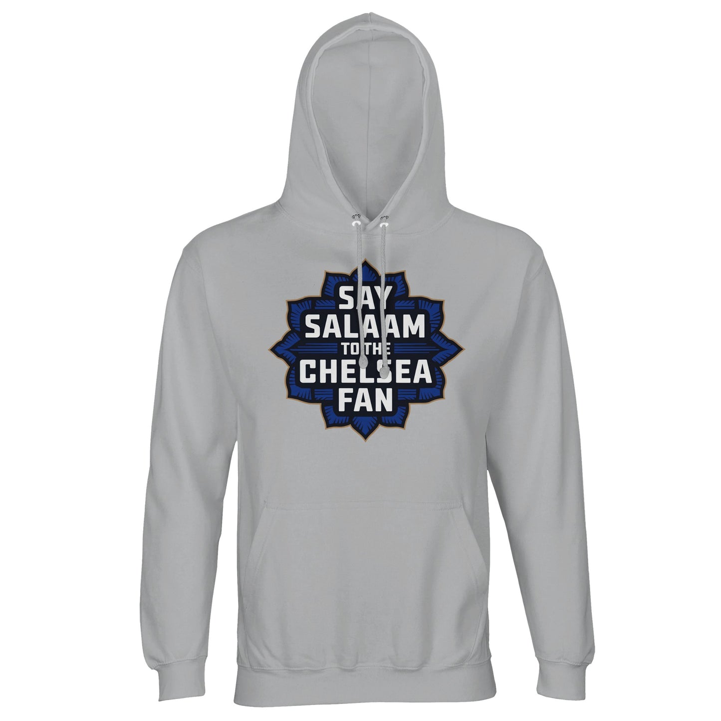 Say Salaam to the Chelsea Fan Design #4 Part-Recycled Cotton-Poly Unisex Hoodie (light) – Ash / Silver Chalice with a deep navy star-style badge and stacked Chelsea fan lettering in gold. This modest, faith-friendly hoodie is perfect for Muslim Blues fans who stream matches at suhoor, rep Stamford Bridge on campus, and wear ethical gear instead of club-shop crests. Eco-conscious and comfortable, it blends recycled cotton with proud streetwear for peaceful football followers from SW6 and beyond.