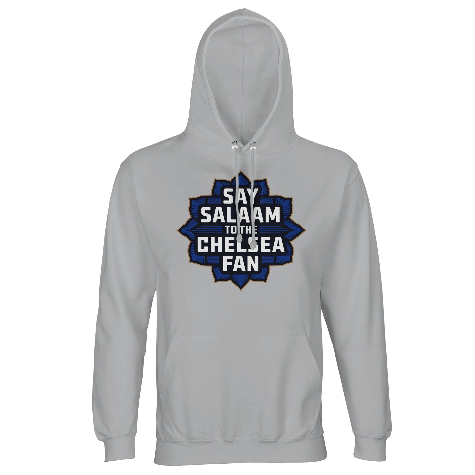 Say Salaam to the Chelsea Fan Design #4 Part-Recycled Cotton-Poly Unisex Hoodie (light) – Ash / Silver Chalice with a deep navy star-style badge and stacked Chelsea fan lettering in gold. This modest, faith-friendly hoodie is perfect for Muslim Blues fans who stream matches at suhoor, rep Stamford Bridge on campus, and wear ethical gear instead of club-shop crests. Eco-conscious and comfortable, it blends recycled cotton with proud streetwear for peaceful football followers from SW6 and beyond.