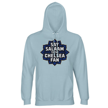 Say Salaam to the Chelsea Fan Design #4 Part-Recycled Cotton-Poly Unisex Hoodie (light) – Creamy Blue / Sky Grey with a rich navy badge and gold wording in stacked lettering. Modest and recycled, this Chelsea hooded sweatshirt is for Muslim fans watching UCL replays on mute during Tarawih or scrolling match stats between school and masjid. Designed without sponsor noise, made without crests – just faith-driven football wear built for Stamford Bridge love and peaceful rep beyond the pitch.