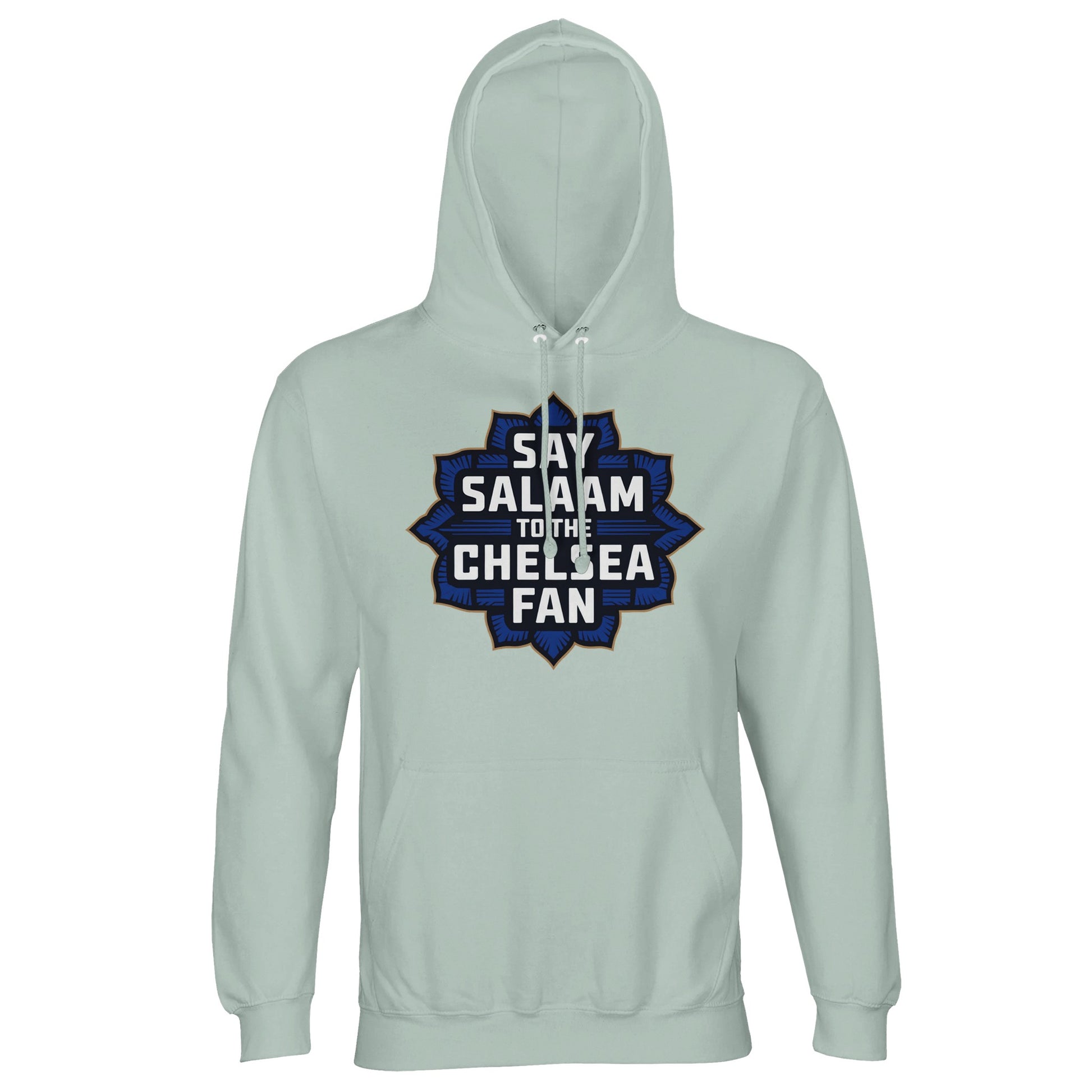 Say Salaam to the Chelsea Fan Design #4 Part-Recycled Cotton-Poly Unisex Hoodie (light) – Creamy Green / Greenish Grey featuring bold navy Islamic-style badge and standout gold lettering. A sustainable hooded sweatshirt for Muslim Chelsea followers who combine their love of the game with modest fashion and matchday dua. Designed with peace in mind and no club crest, this Stamford Bridge-ready top is ideal for streaming highlights between suhoor and second half, prayer and penalty.