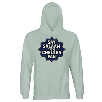 Say Salaam to the Chelsea Fan Design #4 Part-Recycled Cotton-Poly Unisex Hoodie (light) – Creamy Green / Greenish Grey featuring bold navy Islamic-style badge and standout gold lettering. A sustainable hooded sweatshirt for Muslim Chelsea followers who combine their love of the game with modest fashion and matchday dua. Designed with peace in mind and no club crest, this Stamford Bridge-ready top is ideal for streaming highlights between suhoor and second half, prayer and penalty.