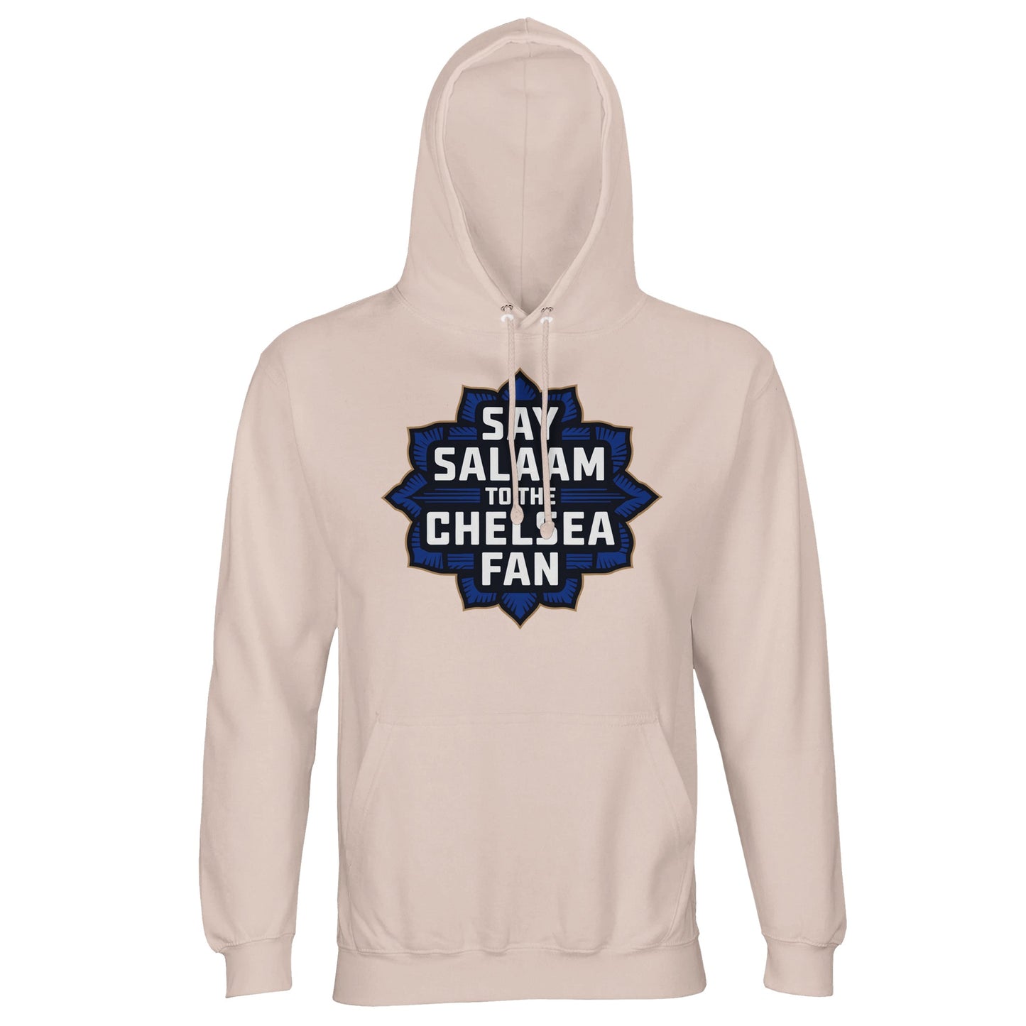 Say Salaam to the Chelsea Fan Design #4 Part-Recycled Cotton-Poly Unisex Hoodie (light) – Creamy Pink / Oyster Pink with navy and gold geometric football fan badge. Halal-friendly hoodie for modest Chelsea supporters who memorise line-ups, share SW6 love, and stick to their faith on and off the pitch. No badge, no Megastore – just sustainable cotton-mix, Muslim values and peaceful football pride stitched into a gender-neutral sweatshirt fit that respects the game and your deen for a fantastic price.