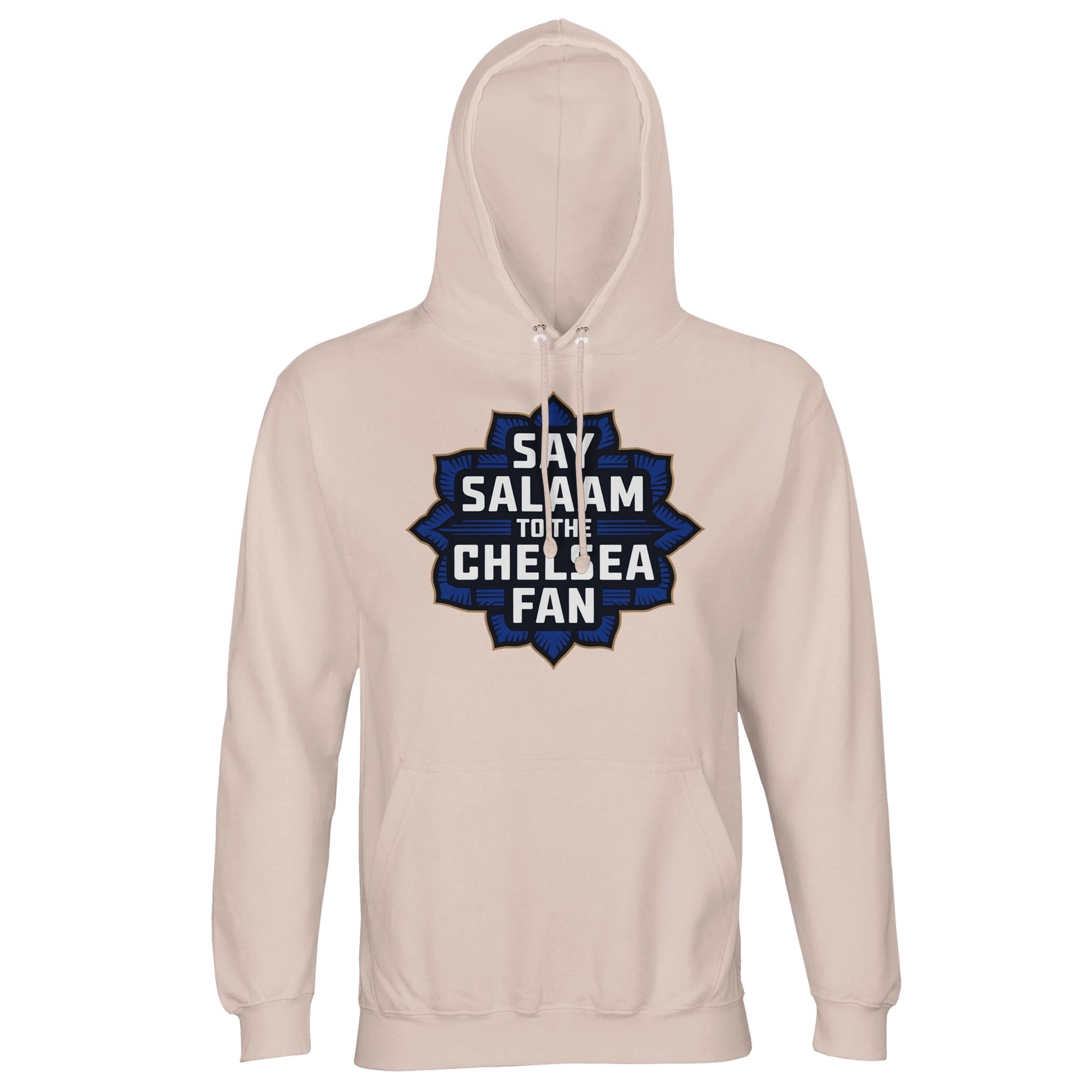 Say Salaam to the Chelsea Fan Design #4 Part-Recycled Cotton-Poly Unisex Hoodie (light) – Creamy Pink / Oyster Pink with navy and gold geometric football fan badge. Halal-friendly hoodie for modest Chelsea supporters who memorise line-ups, share SW6 love, and stick to their faith on and off the pitch. No badge, no Megastore – just sustainable cotton-mix, Muslim values and peaceful football pride stitched into a gender-neutral sweatshirt fit that respects the game and your deen for a fantastic price.