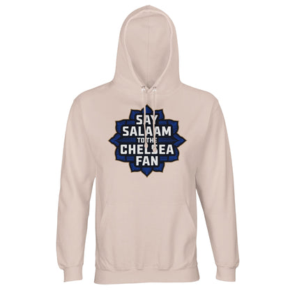Say Salaam to the Chelsea Fan Design #4 Part-Recycled Cotton-Poly Unisex Hoodie (light) – Creamy Pink / Oyster Pink with navy and gold geometric football fan badge. Halal-friendly hoodie for modest Chelsea supporters who memorise line-ups, share SW6 love, and stick to their faith on and off the pitch. No badge, no Megastore – just sustainable cotton-mix, Muslim values and peaceful football pride stitched into a gender-neutral sweatshirt fit that respects the game and your deen for a fantastic price.
