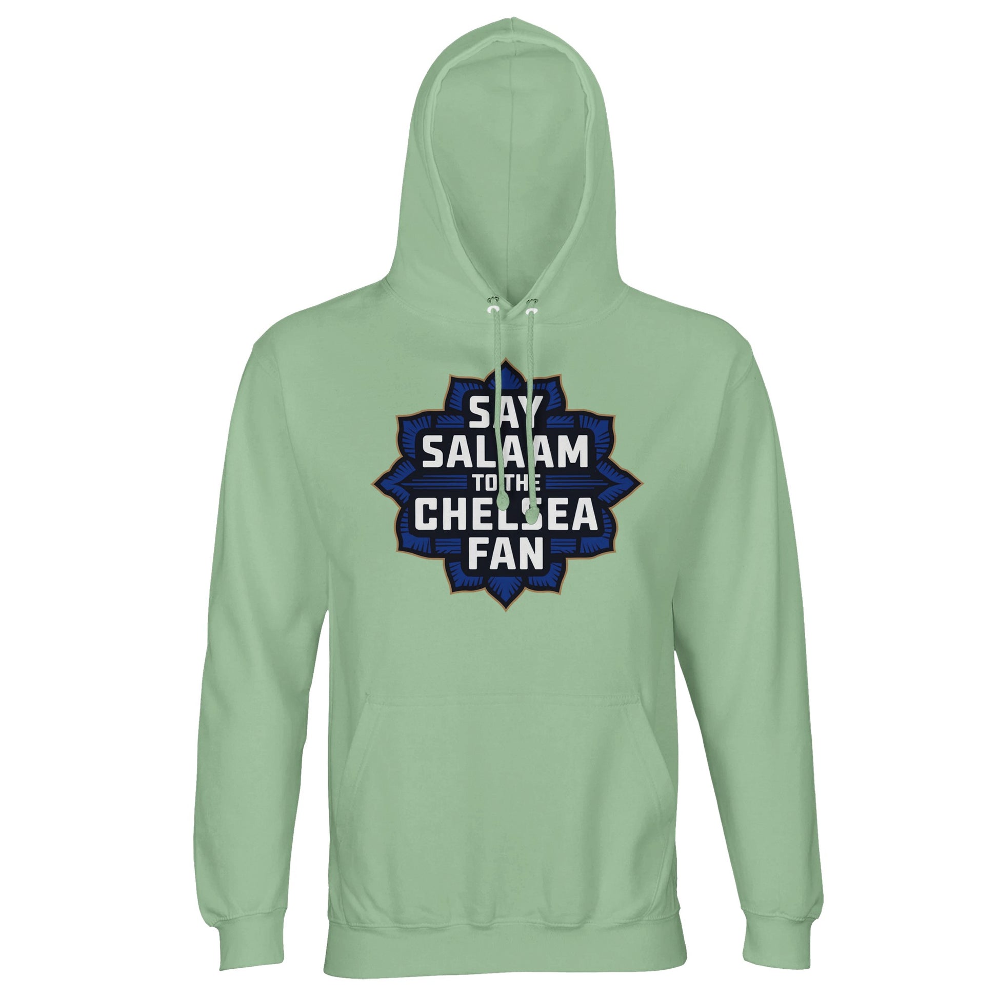 Say Salaam to the Chelsea Fan Design #4 Part-Recycled Cotton-Poly Unisex Hoodie (light) – Frozen Green / Opal with bold Chelsea fan design in navy and gold, framed in Islamic geometry. For those who stream Stamford Bridge memories after iftar, wear modest threads between fixtures, and rep Chelsea with halal pride. No official badge, no hype branding – just recycled cotton, faith-forward fashion, and peaceful supporter energy carried from prayer mat to matchday.