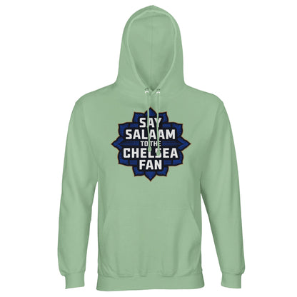 Say Salaam to the Chelsea Fan Design #4 Part-Recycled Cotton-Poly Unisex Hoodie (light) – Frozen Green / Opal with bold Chelsea fan design in navy and gold, framed in Islamic geometry. For those who stream Stamford Bridge memories after iftar, wear modest threads between fixtures, and rep Chelsea with halal pride. No official badge, no hype branding – just recycled cotton, faith-forward fashion, and peaceful supporter energy carried from prayer mat to matchday.